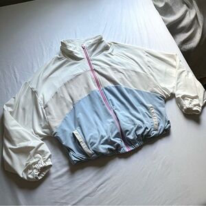 THE UPSIDE tan cream blue colorblock boxy knit mock neck zip up sweater